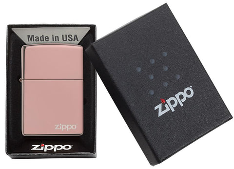 Zapalniczka Zippo różowe złoto o wysokim połysku z logo Zippo w otwartym pudełku prezentowym