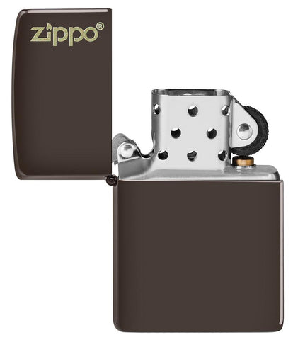 Zapalniczka Zippo matowa brązowa z logo Zippo otwarta
