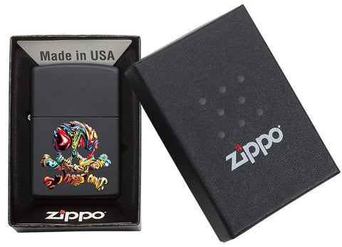 Zapalniczka Zippo czarna matowa z kolorową czaszką w otwartym pudełku