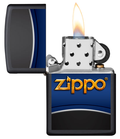 Vue de face du briquet tempête Zippo Design ouvert, avec flamme