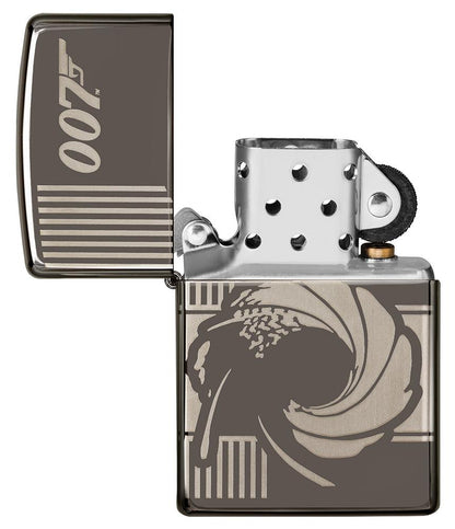 Widok z przodu zapalniczka Zippo szara błyszcząca James Bond 007 otwarta
