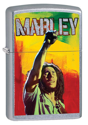 Widok z przodu kąt 3/4 zapalniczka Zippo chrom Bob Marley z podniesioną pięścią