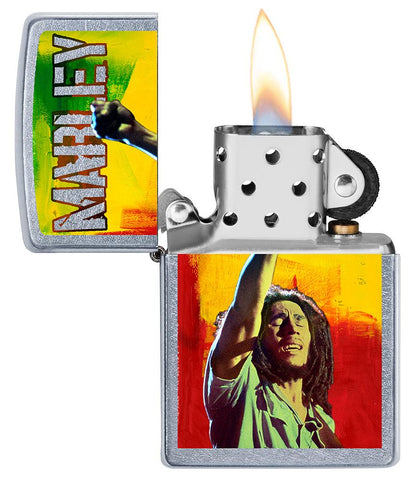 Zapalniczka Zippo chrom Bob Marley z podniesioną pięścią otwarta z płomieniem