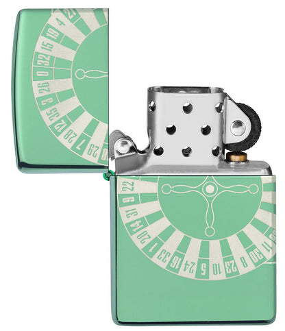 Zapalniczka Zippo High Polish Green z kołem ruletki otwarta
