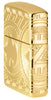 Zapalniczka Zippo widok z boku z przodu ¾ kąta Waluta Wzór przedstawiający płomień Zippo na monecie z wygrawerowanymi łukami okręgów