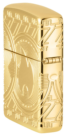 Zapalniczka Zippo Widok z boku z tyłu ¾ Kąt Waluty Wzór przedstawiający płomień Zippo na monecie z wygrawerowanymi łukami okręgów