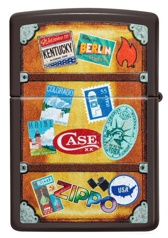 Zapalniczka Zippo widok z tyłu brązowa przedstawiająca walizkę z naklejonymi różnymi miastami, takimi jak Paryż, Hawaje, Barcelona, Nowy Jork