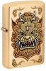 ¾ widok wiatroszczelnej zapalniczki Foo Dog Design, przedstawiającej cesarskie złote lwy w stylu sztuki chińskiej.