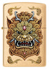 Widok z przodu wiatroszczelnej zapalniczki Zippo Foo Dog Design, przedstawiającej cesarskie złote lwy w stylu sztuki chińskiej.