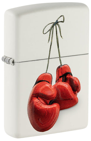Widok z przodu pod kątem ¾ Zapalniczka Zippo biała z czerwonymi rękawicami bokserskimi