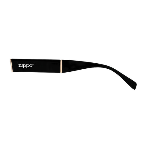 Okulary Zippo Widok przedniej części skroni w kolorze czarnym z białym logo Zippo i złączami w kolorze jasnoróżowym