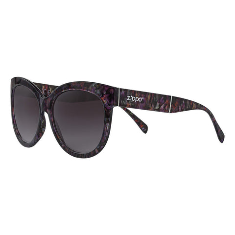Zippo Cat Eye Okulary przeciwsłoneczne Widok z przodu ¾ Kąt w różnych odcieniach fioletu z logo Zippo na zausznikach w kolorze białym