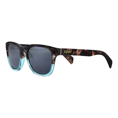 Zippo Okulary przeciwsłoneczne Widok z przodu ¾ kąta z kwadratową oprawką w brązowym marmurkowym kolorze i jasnoniebieską częścią w oprawce