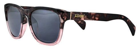 Zippo Okulary przeciwsłoneczne Widok z przodu ¾ kąta z kwadratową oprawką w brązowym marmurkowym kolorze i różową częścią w ramce