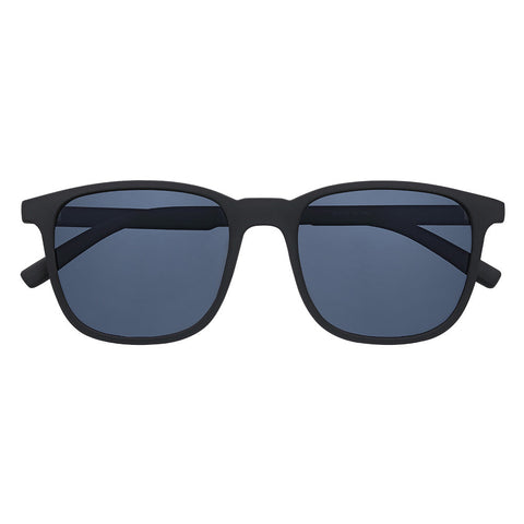 Zippo Okulary przeciwsłoneczne Widok z przodu z niebieskimi soczewkami i wąską kwadratową oprawką w kolorze czarnym z białym logo Zippo