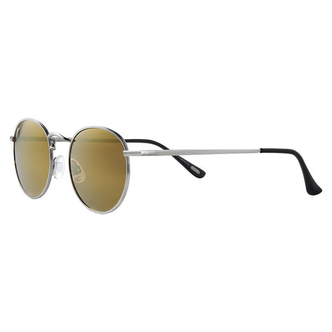 Zippo Okulary przeciwsłoneczne Widok z przodu ¾ kąta z okrągłymi brązowymi soczewkami i srebrną cienką metalową oprawką z czarną końcówką