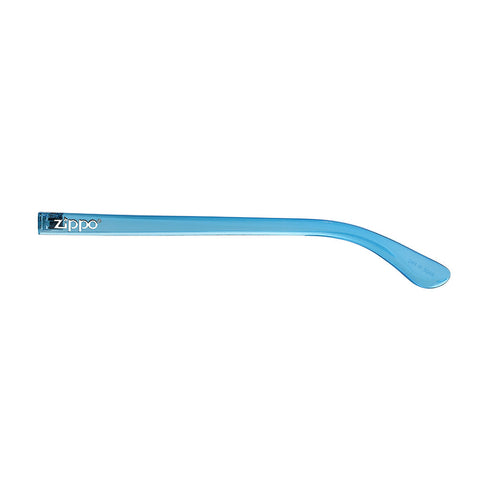 Okulary Zippo Widok z przodu zauszników w kolorze jasnoniebieskim z białym logo Zippo