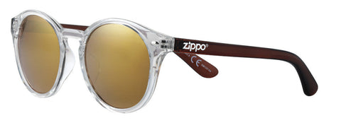 Okulary przeciwsłoneczne Zippo Widok z przodu ¾ kąta z przezroczystą oprawką, soczewkami i zausznikami, brązowe