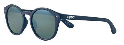 Zippo Okulary przeciwsłoneczne Widok z przodu ¾ kąt z okrągłymi soczewkami i szerokimi zausznikami, niebieskie z białym logo Zippo