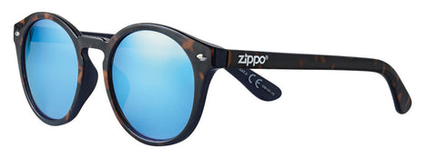 Okulary przeciwsłoneczne Zippo widok z przodu ¾ kąta z okrągłymi soczewkami i szerokimi zausznikami w różnych odcieniach brązu z białym logo Zippo