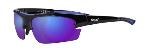 Widok z przodu 3/4 kątowe okulary przeciwsłoneczne Zippo Niebieskie soczewki z czarnymi oprawkami
