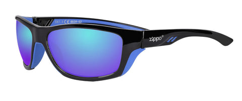 Widok z przodu 3/4 kątowe okulary przeciwsłoneczne Zippo z niebieskimi soczewkami i niebiesko-czarnymi oprawkami