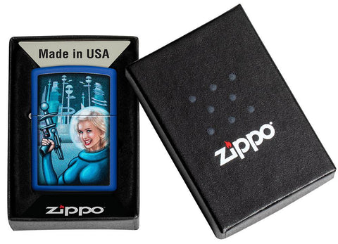 Zapalniczka Zippo Retro Futuristic Royal Blue Pinup Woman with Ray Gun Web Debiut w otwartym pudełku