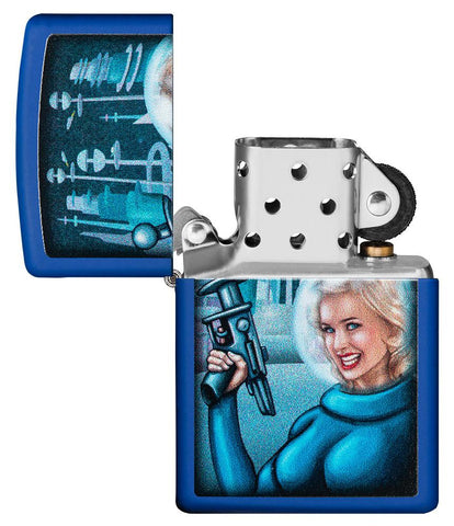 Zapalniczka Zippo Retro Futuristic Royal Blue Pinup Woman With Ray Gun Web Debut Otwarty bez płomienia